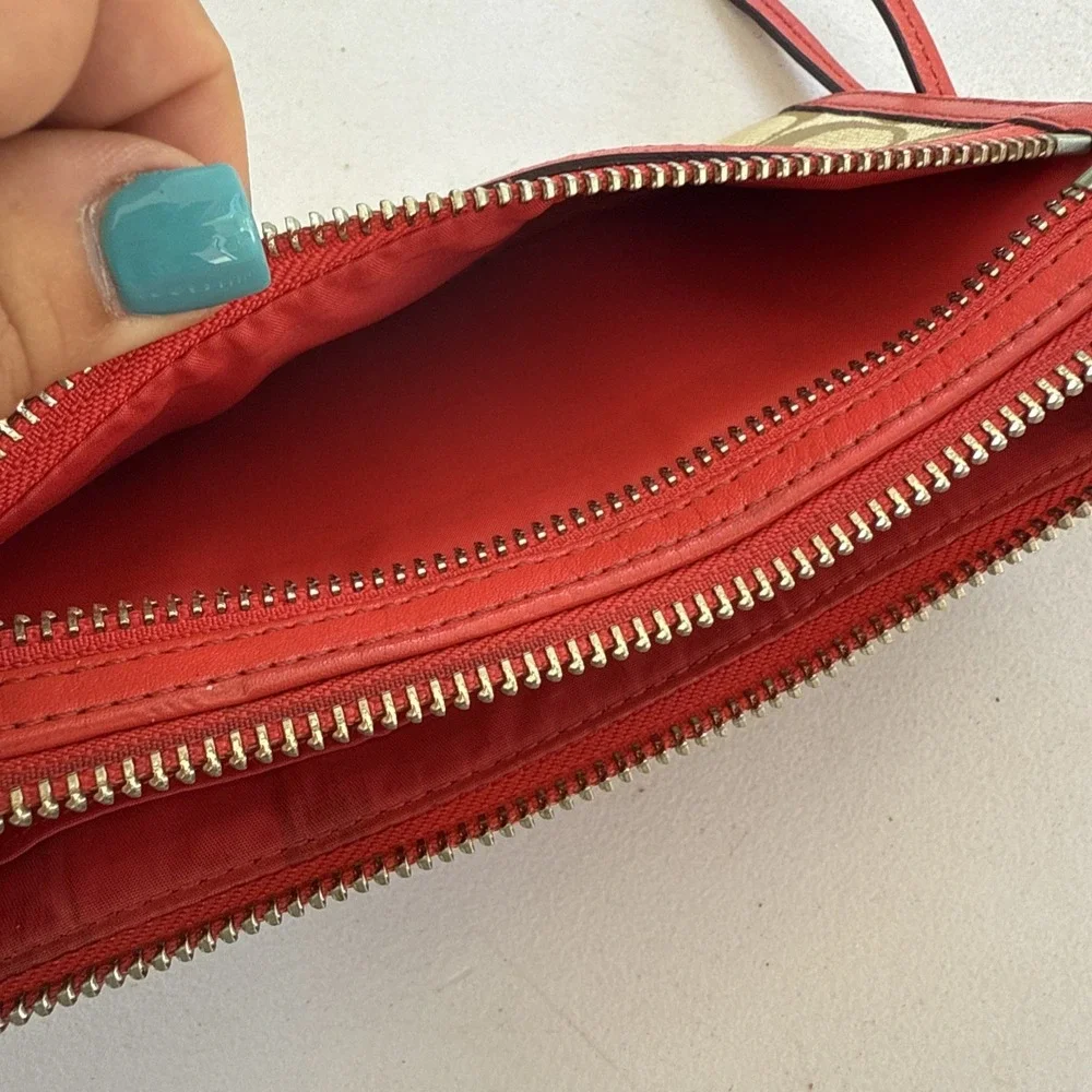 Coach Tan Clutch Wristlet Zip Wallet in  Khaki & Coral  7.5